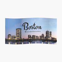 Boston night skyline with its iconic skyscrapers and the prominent urban Charles River.