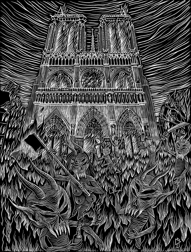 Notre dame de Paris Incendie Notre dame on fire  Gwen Tomahawk Graphisme Illustration Fontainebleau