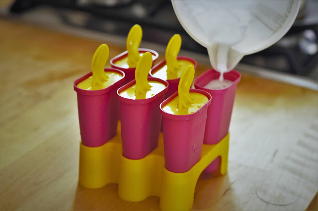 Pour the coconut milk and vanilla extract mix into the popsicle mould