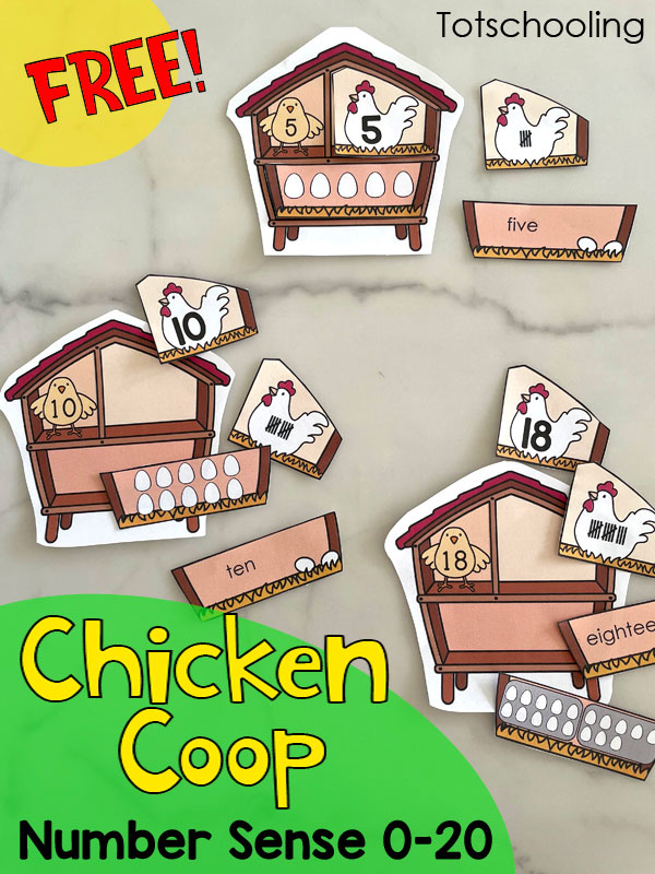 FREE printable math and number skills activity for preschool, kindergarten, and 1st grade with a chicken and farm theme!