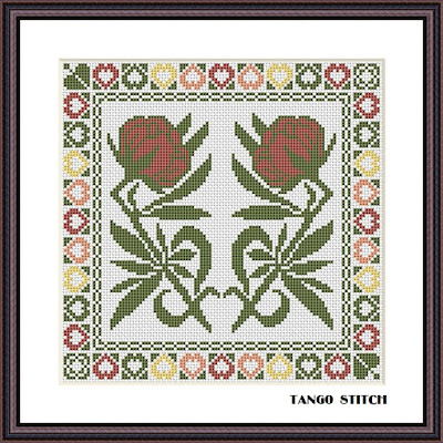 Red Art Nouveau floral cross stitch hand embroidery pattern - Tango Stitch