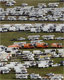 Utility repair trucks gathered at Gulf Coast after Hurricane Ike