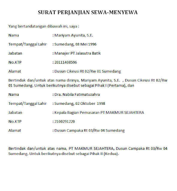 Contoh Surat Sewa Kedai Pihak Kedua Kepada Pihak Ketiga