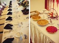 Split photo:  Table setting and collection of pies