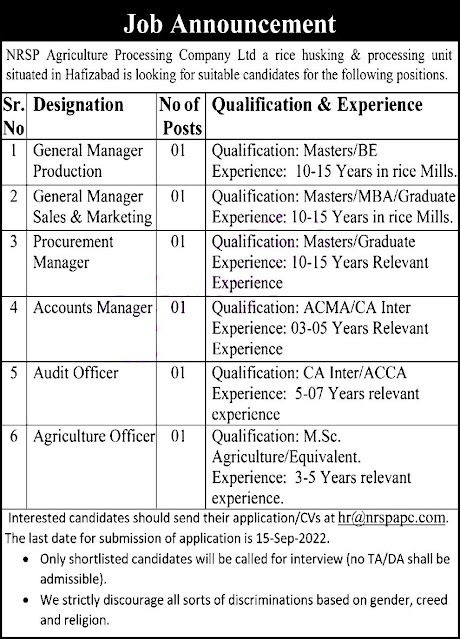 Today New Jobs NRSP Agriculture Processing Company Ltd Jobs  - Latest Jobs 2022