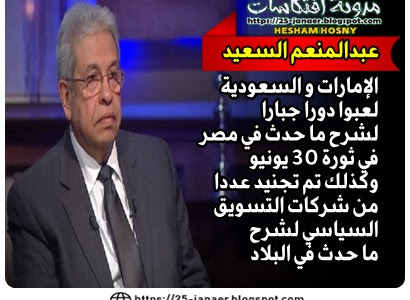 عبدالمنعم السعيد :  الإمارات و السعودية لعبوا دورا جبارا لشرح ما حدث في مصر في ثورة 30 يونيو وكذلك تم تجنيد عددا من شركات التسويق السياسي لشرح ما حدث في البلاد