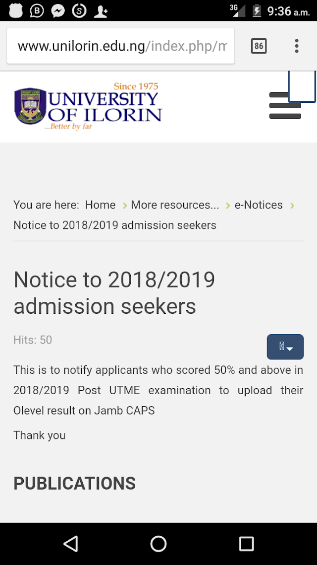 JUST IN:NOTICE TO 2018/19 UNILORIN ASPIRANTS 