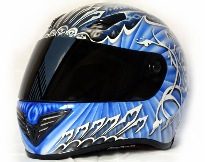 Blue skull airbrushed  designs  on sport helmet Car 
