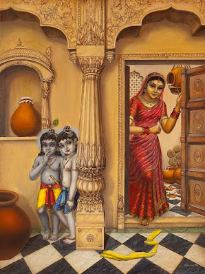 Krishna and Balarama hiding from their mother to steal butter