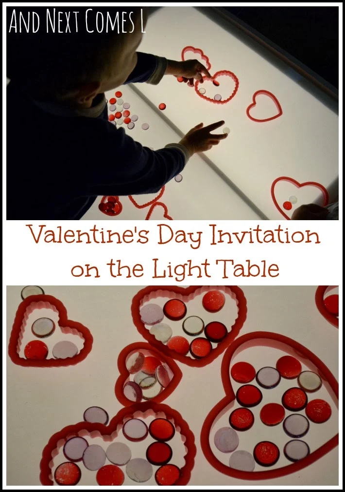 Valentine's Day invitation to play on the light table from And Next Comes L