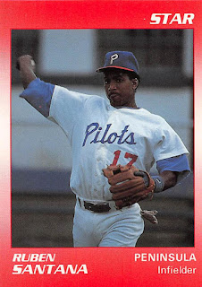 Ruben Santana 1990 Peninsula Pilots card, Santana throwing