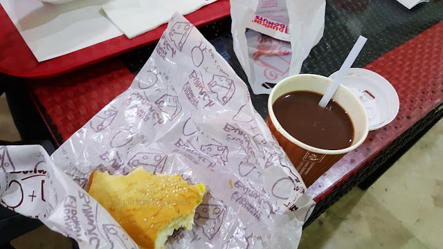 Dunkin Donuts bunwich and hot chocolate at Mactan International Airport