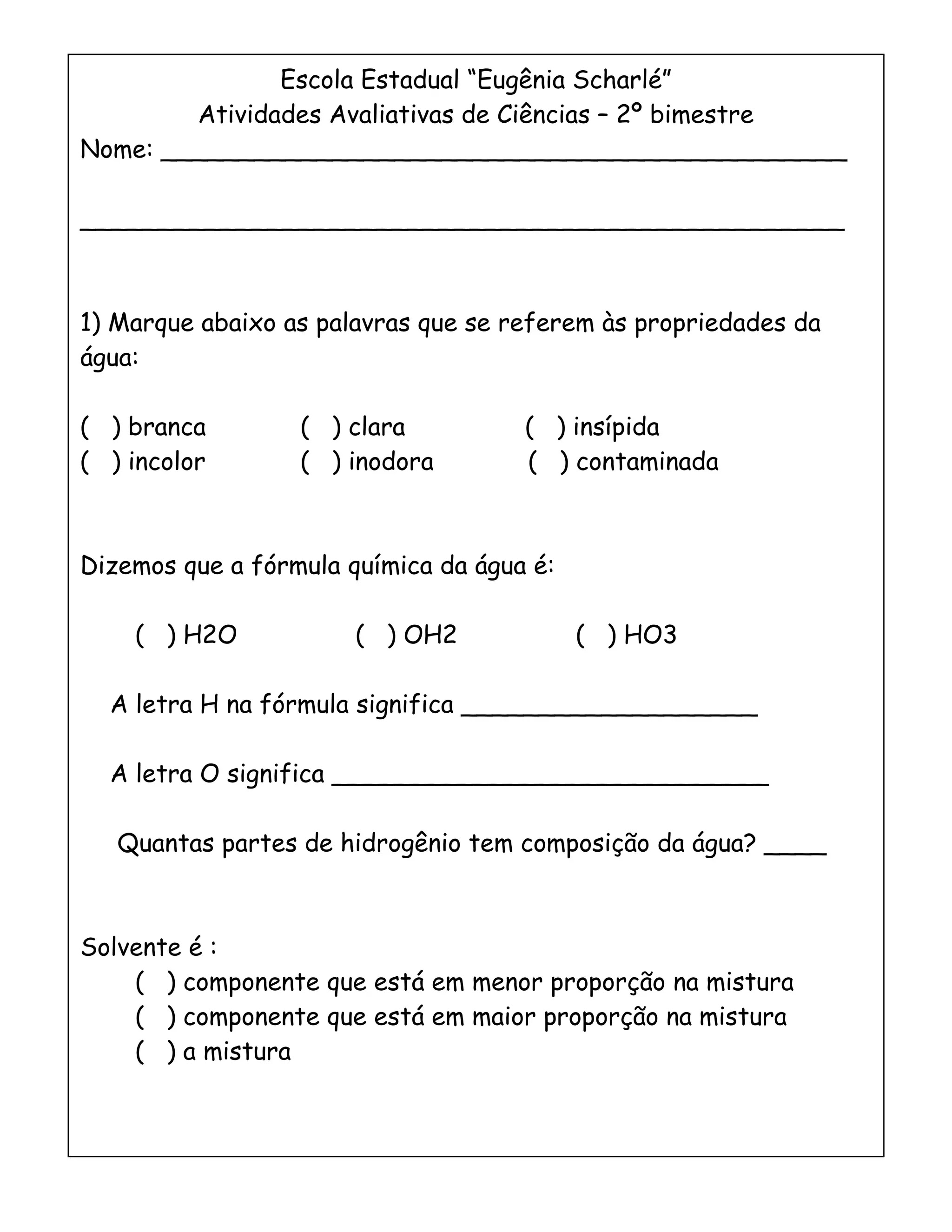 Exercícios sobre água 6o ano