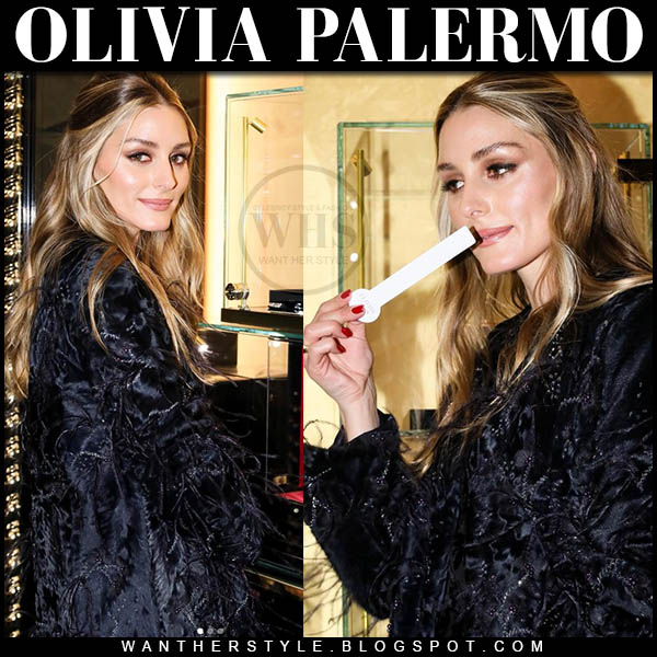 Olivia Palermo in black embellished fur coat
