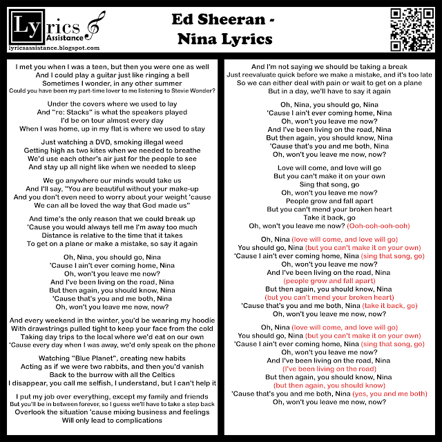Ed Sheeran - Nina Lyrics | lyricsassistance.blogspot.com