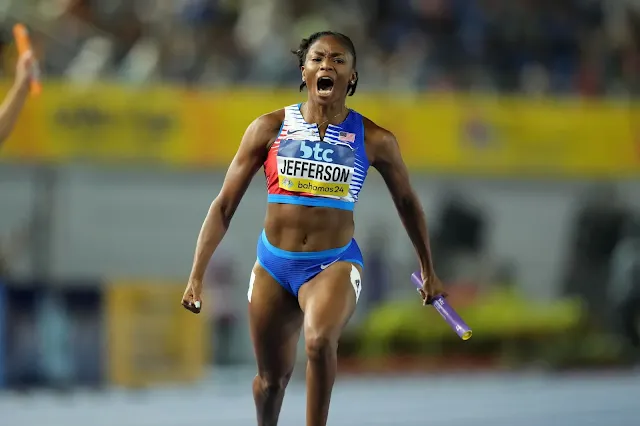 May 5, 2024; Nassau, Bahamas; Melissa Jefferson celebrates after running the anchor leg on the USA women's 4 x 100m relay that won in a championship record 41.85 during the World Athletics Relays at Thomas A. Robinson National Stadium. Mandatory Credit: Kirby Lee-USA TODAY Sports  Kirby Lee