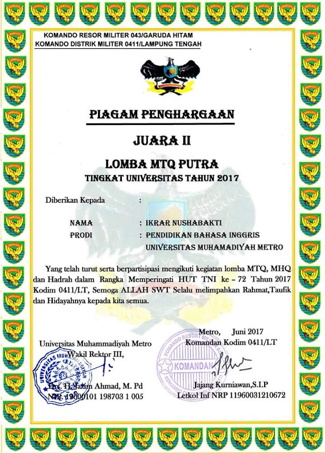 Congratulation to Ikrar Nushabakti as the Second Winner of Lomba MTQ Putra