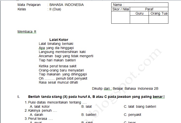 Soal UTS Bahasa Indonesia Kelas 2 Semester II ~ Soal Jawaban