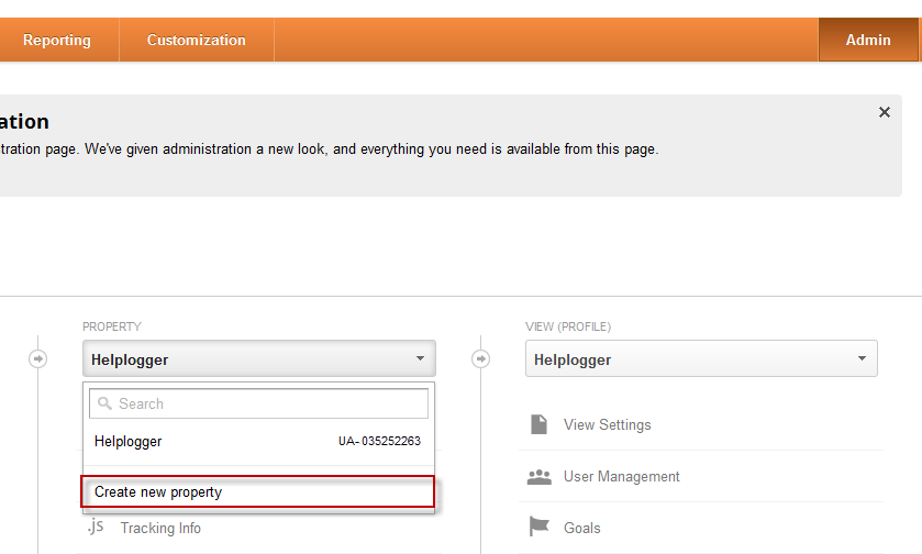 create new property in google analytics