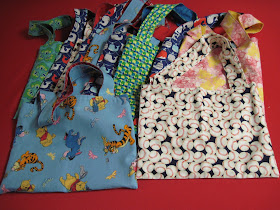 Library tote bags sewn for Operation Christmas Child.