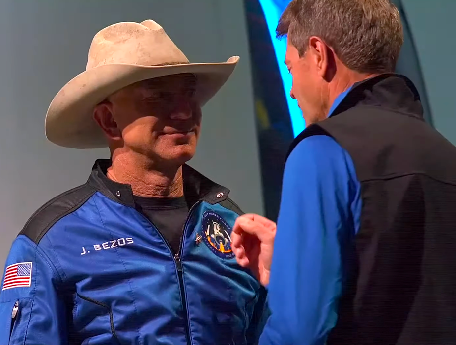 Jeff Bezos receiving his Astronaut Wings from Jeff Ashby on behalf of the Blue Origin employees. Blue Origin, 20 July 2021.
