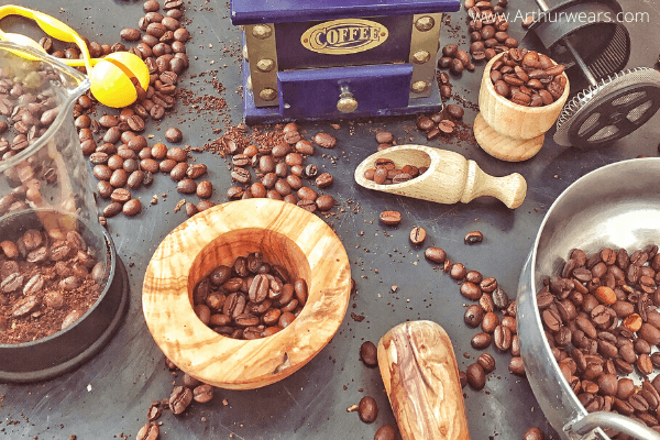 coffee beans sensory play tray with coffee grinder - tuff tray ideas