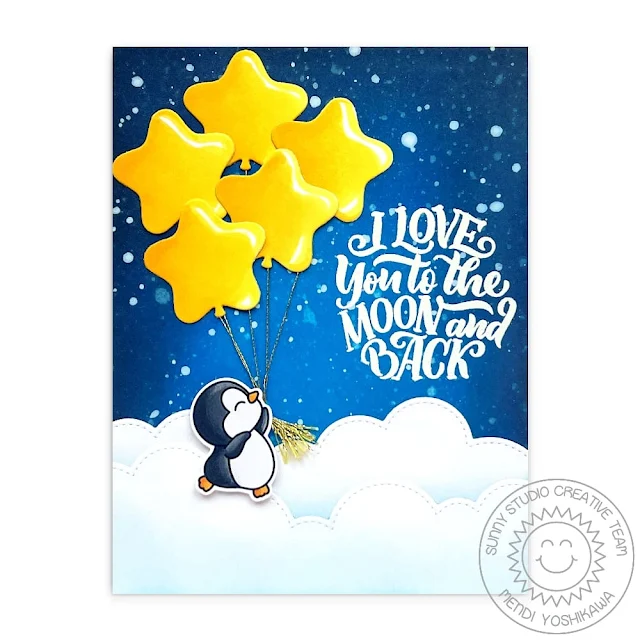 Sunny Studio Penguin Holding Star Balloons with Night's Sky & Clouds (using Bright Balloons & Slimline Nature Border Dies, Passionate Penguins & Lovey Dovey Stamps)