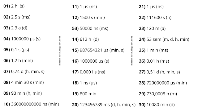 Exercícios de matemática Conversão de unidade de tempo