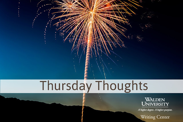 Blue backdrop with an orange firework in the foreground. Text reads: Thursday Thoughts, Walden University Writing Center