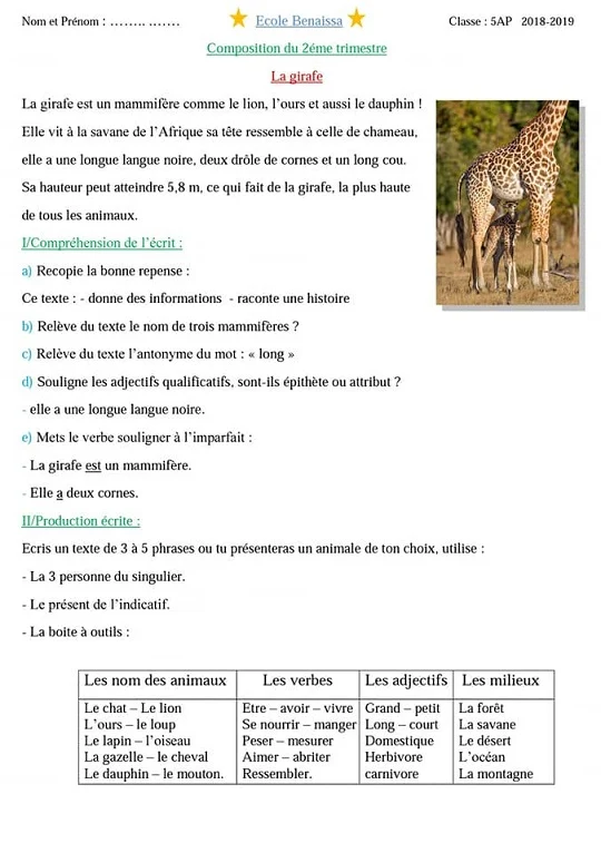 composition 2eme trimestre 5ap la girafe