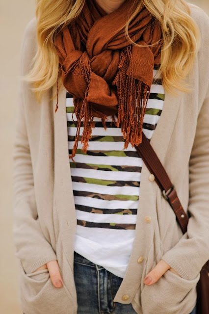 Orange scarf, cardigan, shirt and jeans combination for fall