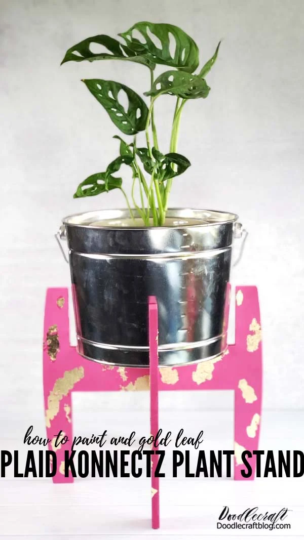 Plaid Konnectz Plant Stand Painting DIY  Paint this super chic and modern plant stand from Plaid Konnectz with Bright Magenta Apple Barrel acrylic craft paint and give it some gold leafing for shine!   I love a budget friendly and quick project!   Plaid Crafts has two awesome Konnectz kits, available at Walmart, for an awesome price!   One is a bird house and one is this modern plant stand.   They are flat pack and easy to just click together after painting.