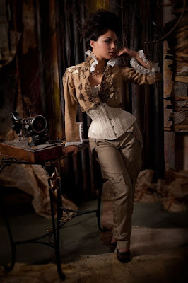 An example of longline corsets used in women's steampunk fashion. This woman wears her longline corset with a cropped jacket and trousers.