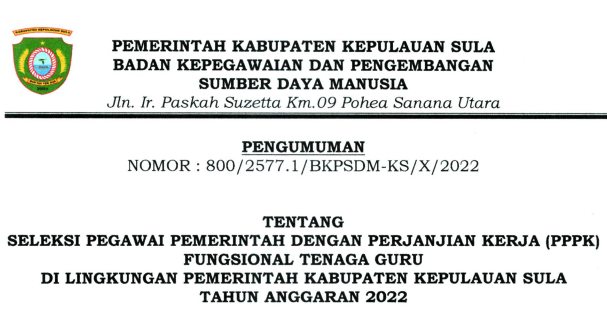 Rincian Formasi ASN PPPK Kabupaten Kepulauan Sula Provinsi Maluku Utara Tahun 2022