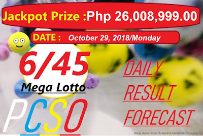 October 29, 2018 6/45 Mega Lotto Result and Jackpot Prize