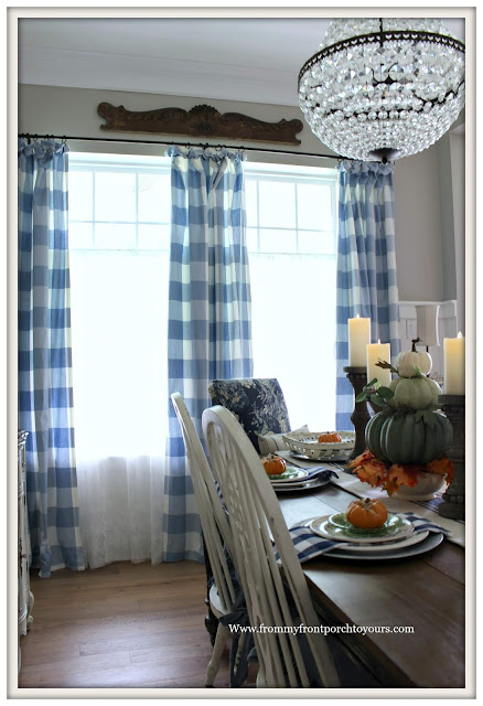 Fall Dining Room-French Country-DIY-Buffalo Check Curtains-Blue and White-From My Front Porch To Yours
