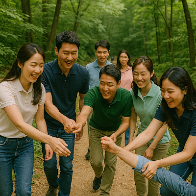 Korean employees participating in a team-building workshop in a natural setting