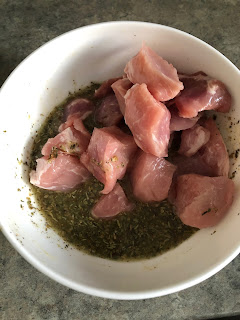 stewing pork added to Greek marinade