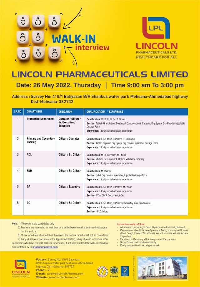 Lincoln Pharmaceuticals | Walk-In at Ahmedabad for Production/ Packing/ ADL/ QC/ QA/ FND on 26th May 2022