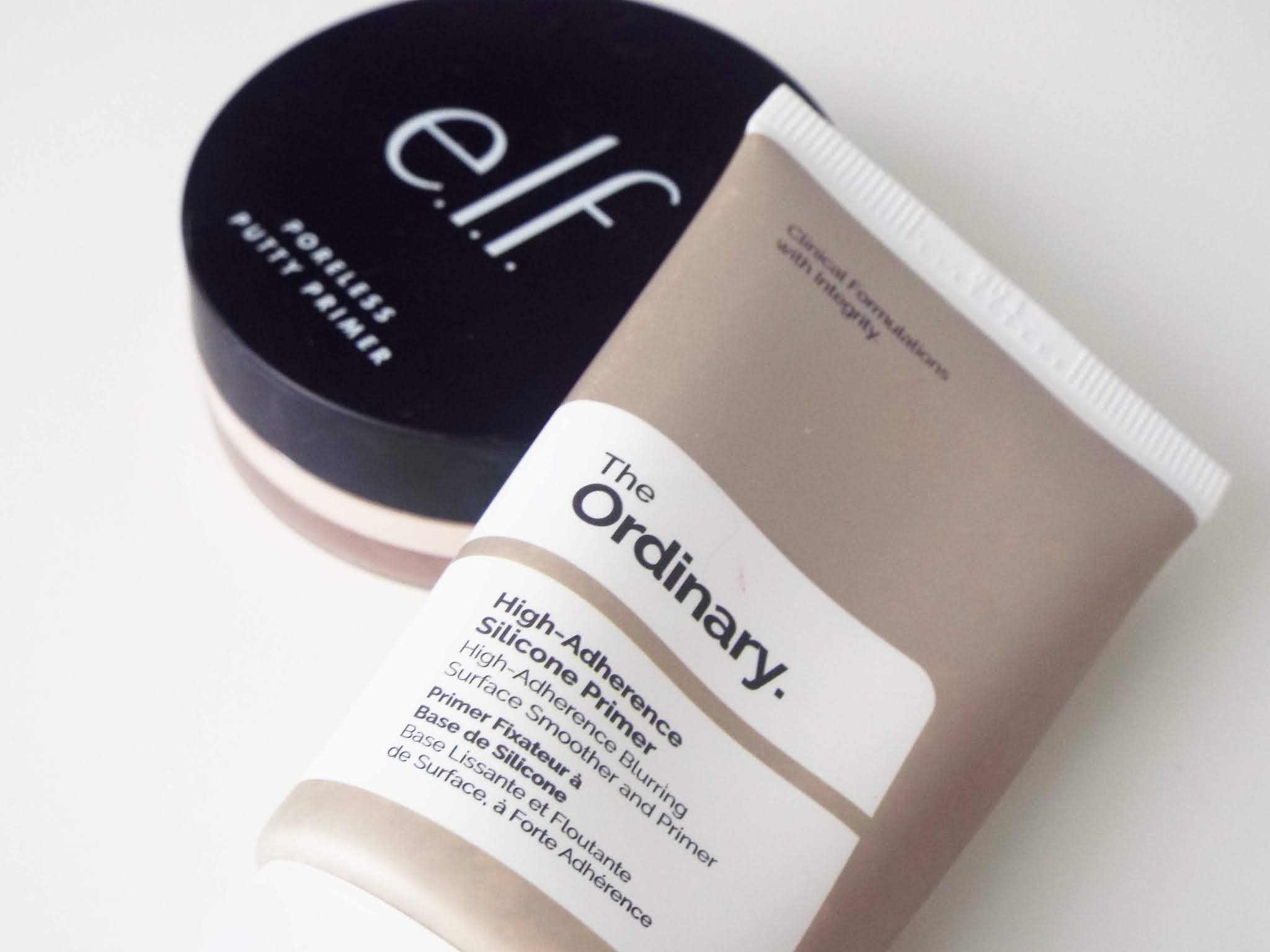 The Ordinary High-Adherence Silicone Primer, leaning on the ELF Poreless Putty Primer, on a white dressing table.