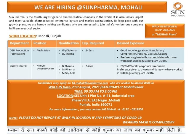 Job Availables, Sun Pharma  Walk-In Interview for Bsc/ Msc/ B.Pharm/ M.Pharm/ ITI/ Diploma - Production/ QC