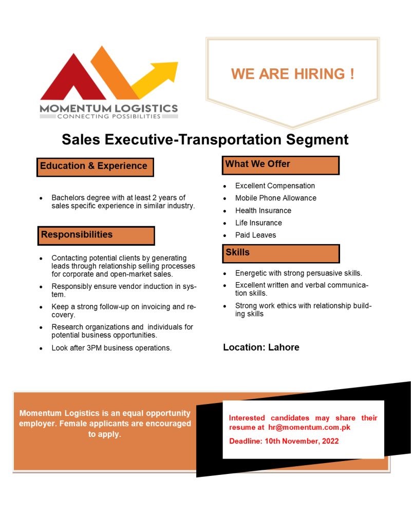 Momentum Logistics Jobs For SALES EXECUTIVE - TRANSPORTATION
