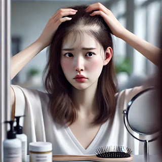거울 앞에서 정수리 쪽 머리를 가르며 탈모 부위를 확인하고 스트레스를 느끼는 젊은 한국 여성, 감정적 긴장과 탈모 자가 체크를 표현한 장면