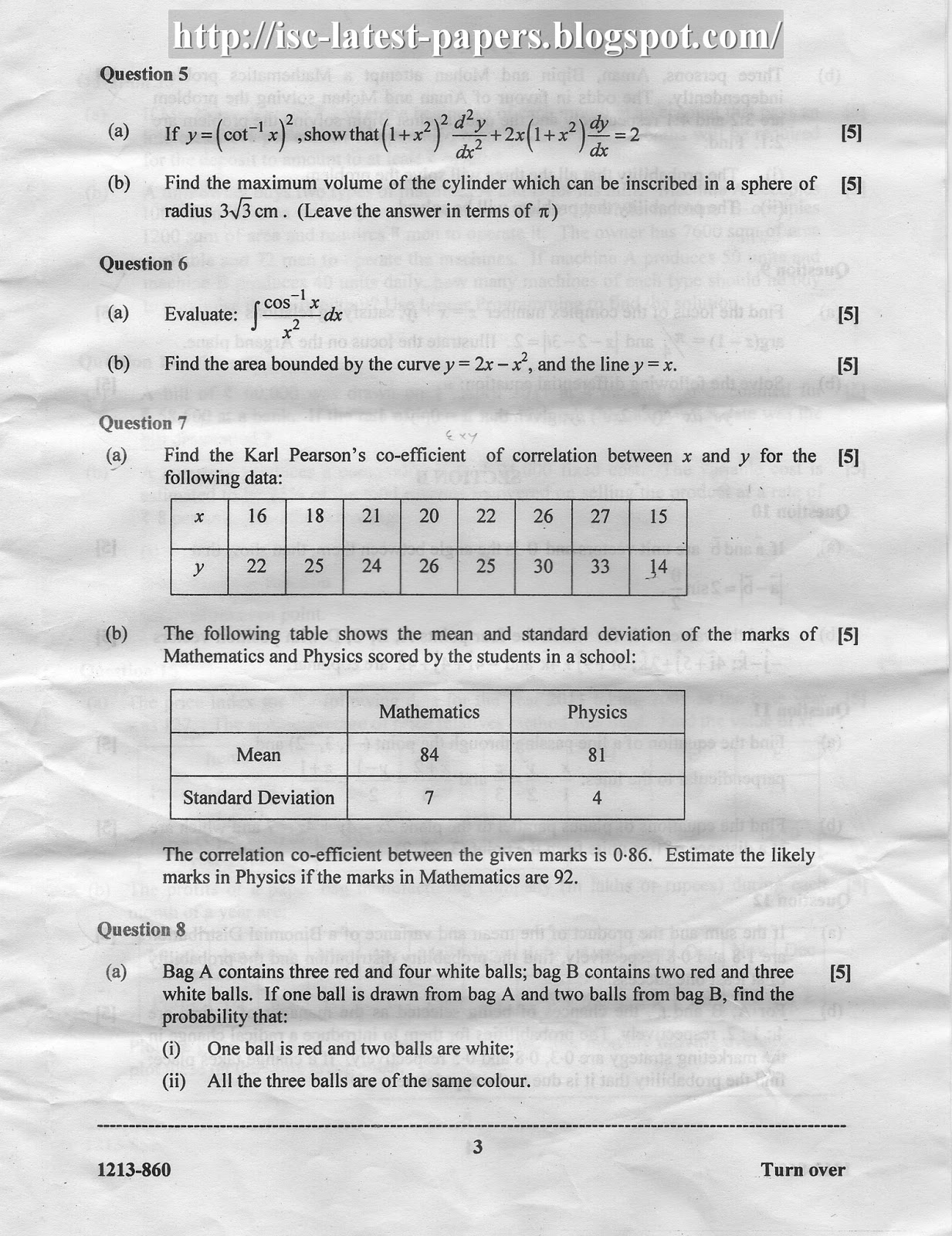 ISC Latest Question Papers: ISC Mathematics Question Paper 2013