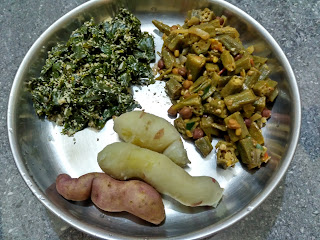 Steemed sweet potato, Ladies finger Chickpea sprouts curry, Sesbania poriyal