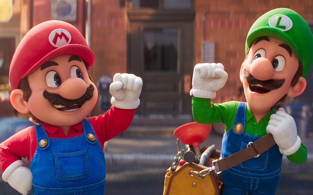 Arte de Super Mario Bros. O Filme em que Mario e Luigi estão em uma rua de Nova Iorque batendo seus punhos.