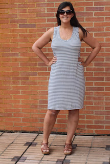 Sleeveless knit dress in skinny navy and white stripes, made from the Plantain T-Shirt pattern.