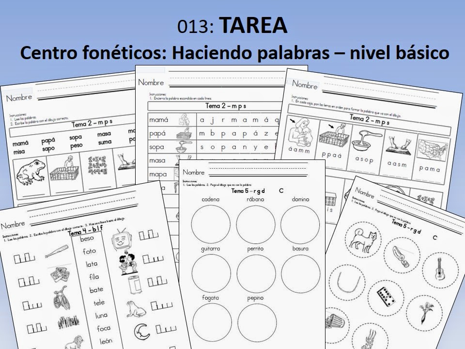 http://www.teacherspayteachers.com/Product/Spanish-Homework-013-TAREA-Centro-foneticos-Haciendo-palabras-nivel-basico-443184