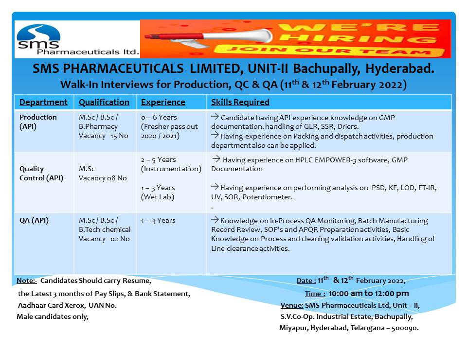 Job Availables,SMS Pharmaceuticals Ltd Walk-In-Interview For B.Tech Chemical/ BSc/ MSc/ B.Pharm
