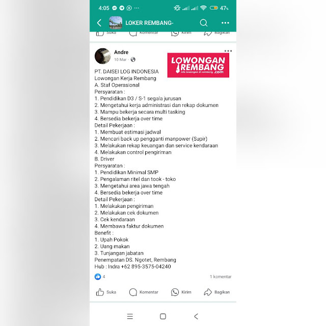 2 Lowongan Kerja Pegawai Staf Operasional dan Sopoir PT Daisei Log Indonesia Rembang